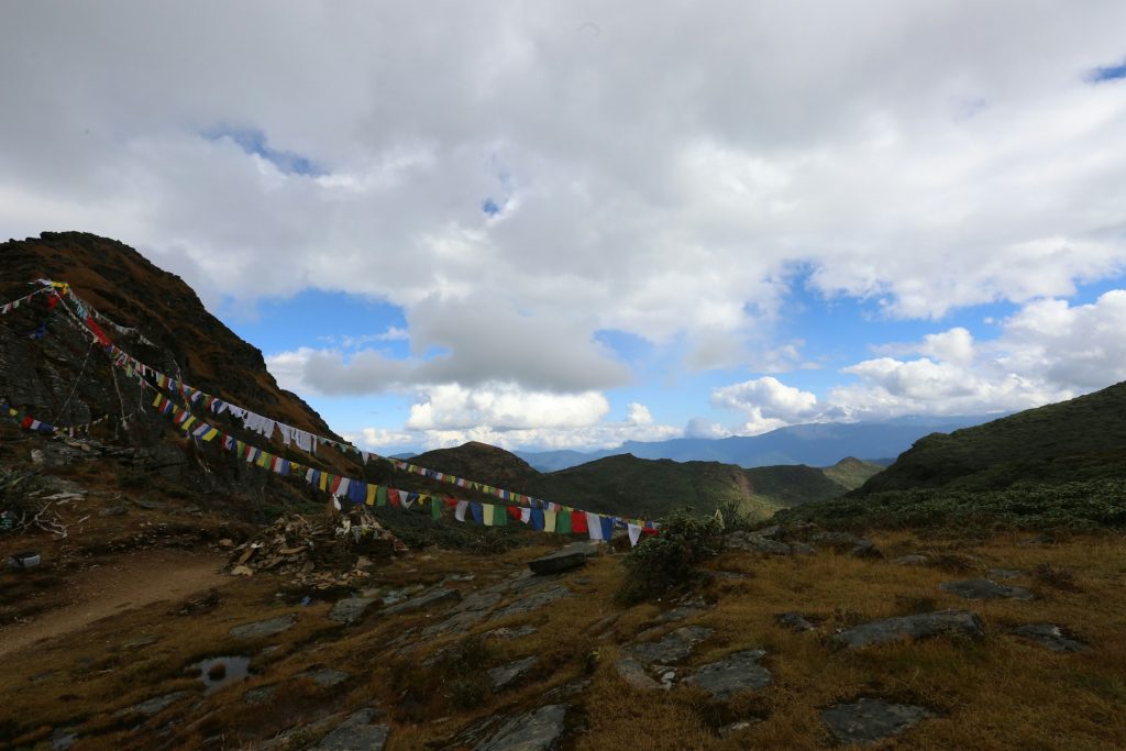 Trekkers on the Druk Path Trek near Phajoding