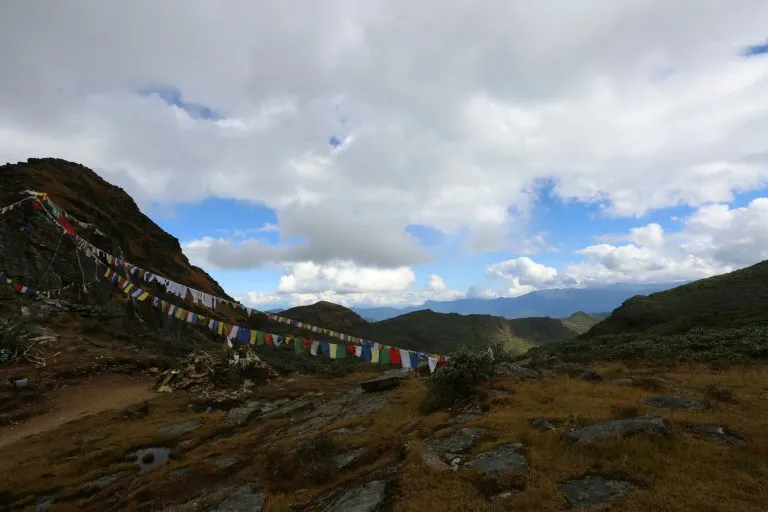 Trekkers on the Druk Path Trek near Phajoding