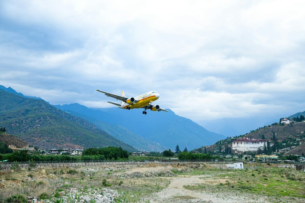 A plane coming in to land at Paro International Airport